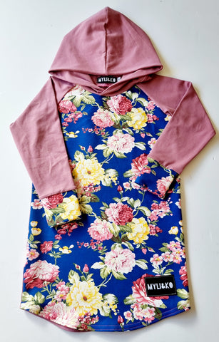 BLUE Floral Hooded winter dress sz2 ONLY